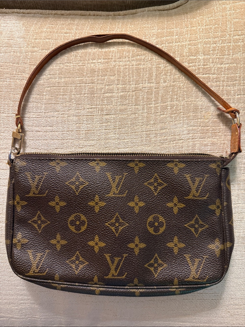 Louis Vuitton Brown Monogram Canvas Pochette with tan leather strap